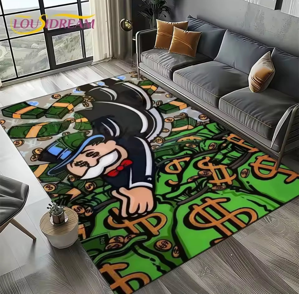 Green/Gold Rich Man Game Monopoly Dollar Cartoon Rug