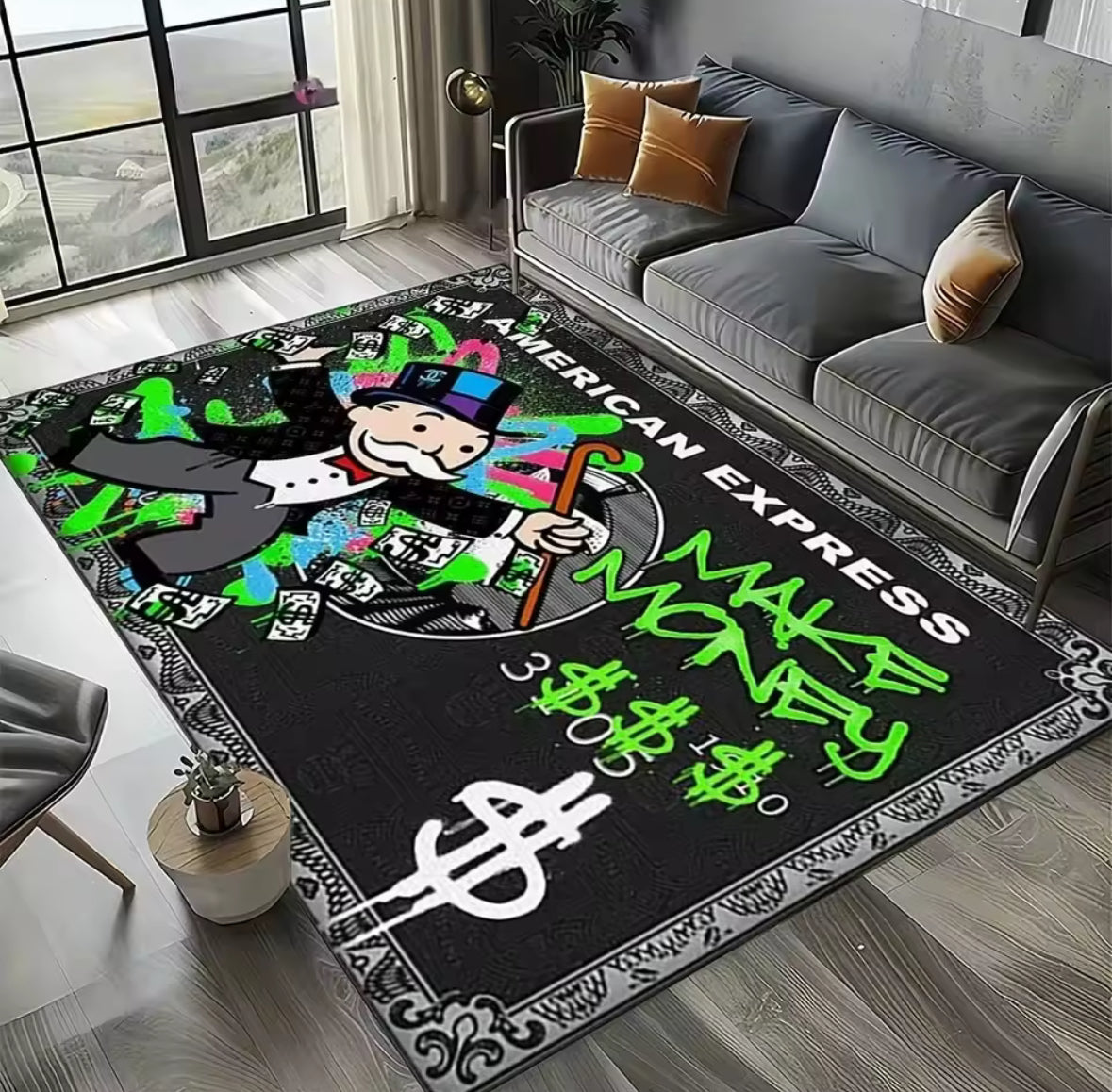 Black/Green Monopoly Dollar Cartoon Rug