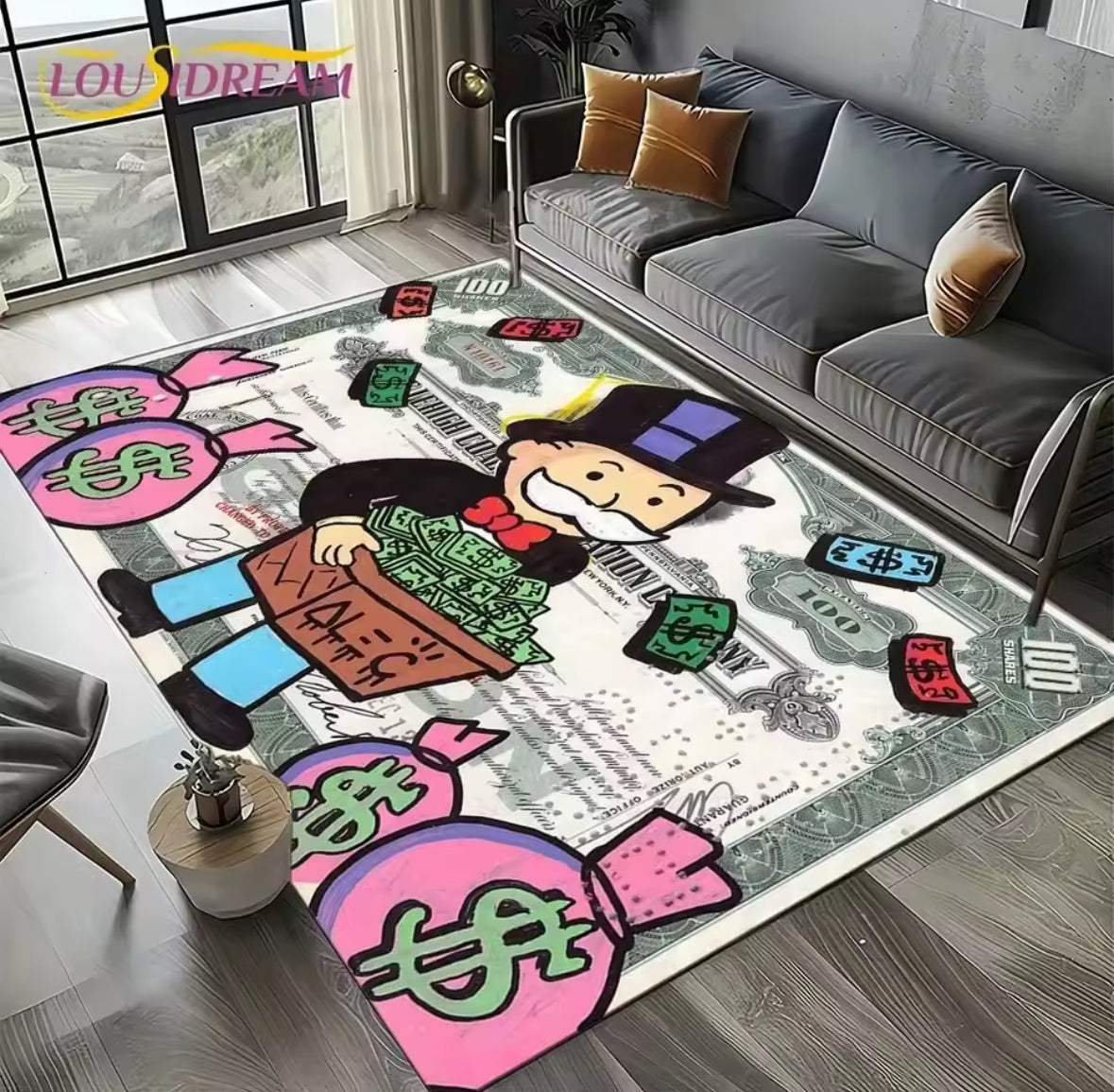 White/Pink Rich Man Game Monopoly Dollar Cartoon Rug