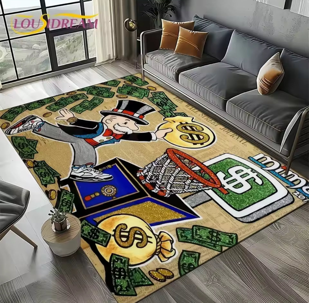 Golden Rich Man Monopoly Dollar Cartoon Rug