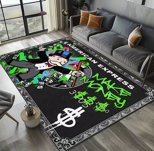 Black/Green Monopoly Dollar Cartoon Rug